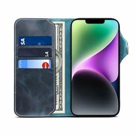 Mobilplånbok 3-kort äkta läder Apple iPhone 14 Pro - Blå