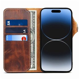 Lompakkokotelo 3-kortti aitoa nahkaa Apple iPhone 15 Plus - Ruskea