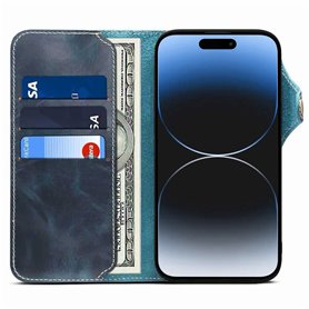 Lompakkokotelo 3-kortti aitoa nahkaa Apple iPhone 15 Plus - Sininen