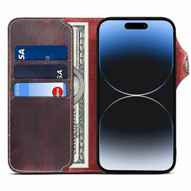 Lompakkokotelo 3-kortti aitoa nahkaa Apple iPhone 15 Plus - Häränverinen