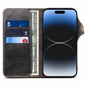 Handyhülle 3-Karten Echtleder Apple iPhone 15 Pro - Schwarz